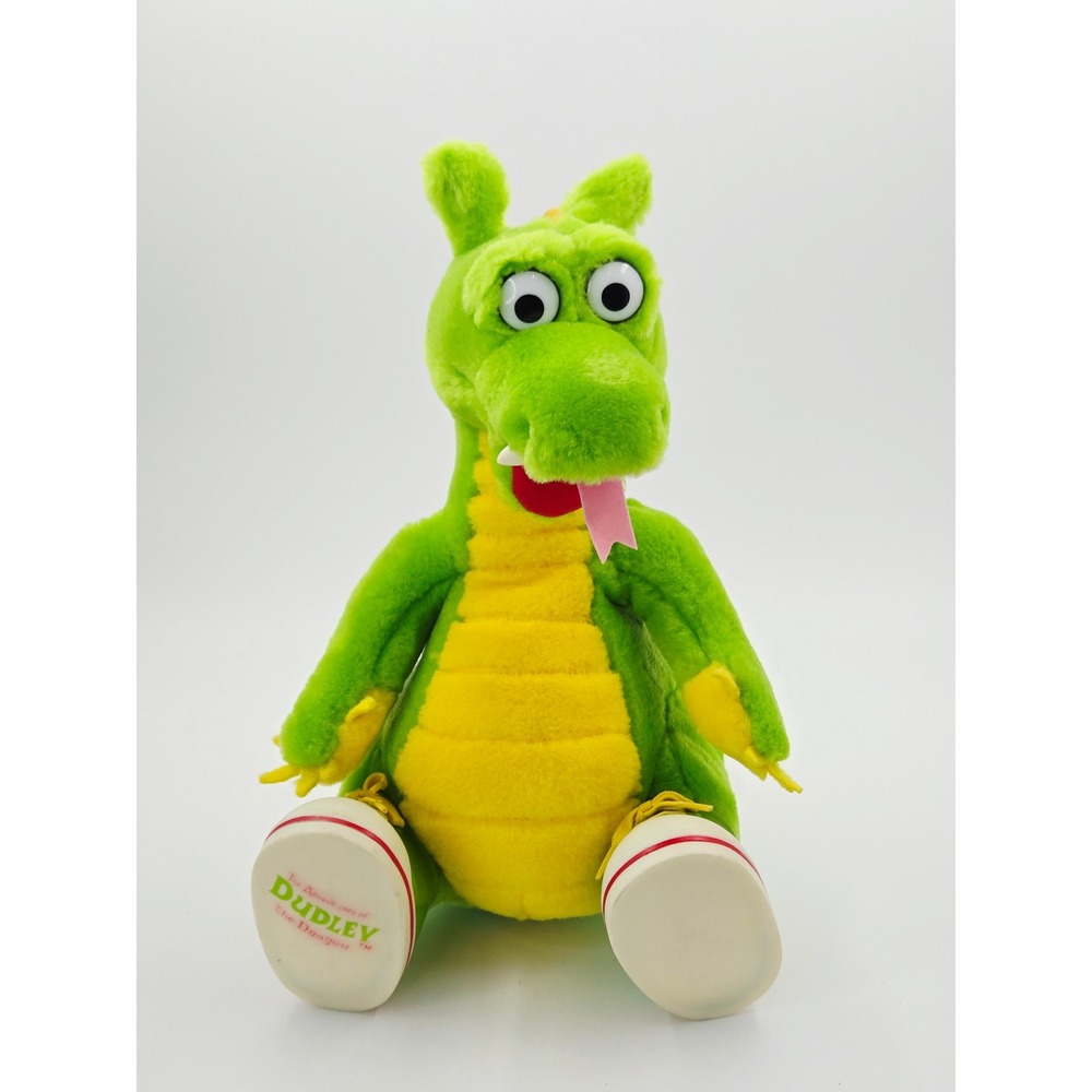 Vintage Dudley the Dragon Plush Stuffed Animal 90s TV Show Green Dragon Sneakers